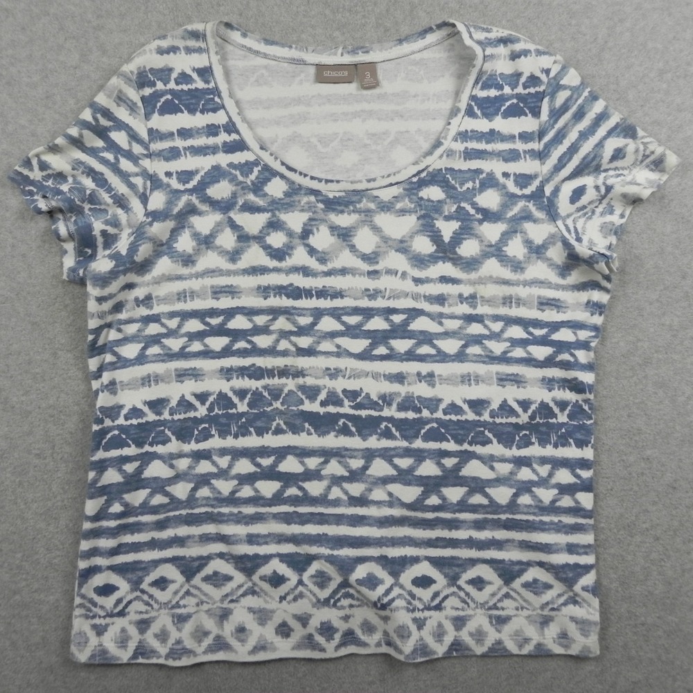 Chico's Shirt Top Womens 3 Casual Scoop Neck Tee Blue Patterned Short Sleeve